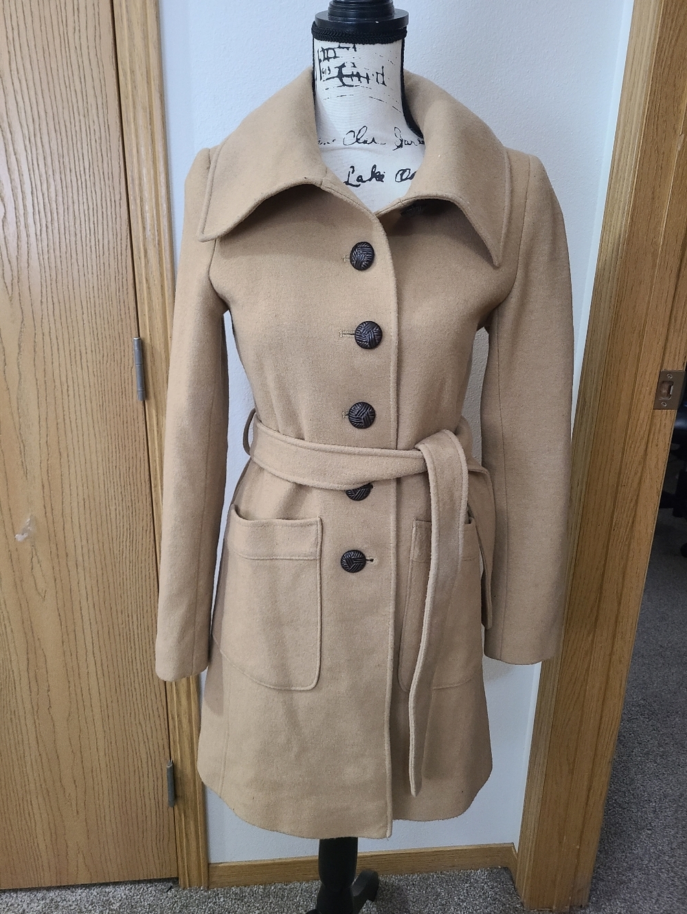 DKNY Wool Blend Minimalist Modern Tan Belted Peacoat Trench Coat